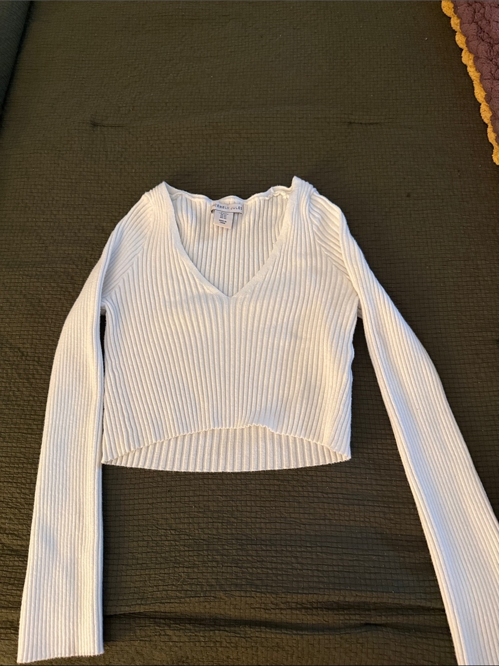 Sincerely Jules White Ribbed V-Neck Cropped Long Sleeve Top